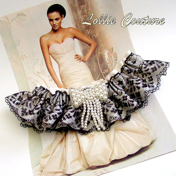 Wedding Bridal Garters, Rhinestones and Pearls, Keepsake and Toss, Black Lace Garters, Ivory Bridal Garters